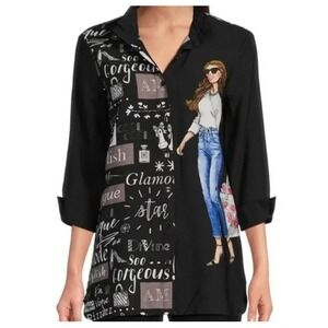 Ali Miles‎ Womens Medium Black Blouse Fashion Girl Novelty Shirt NWT
